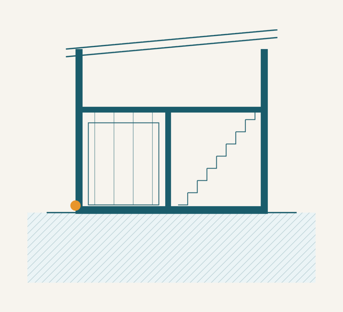 Building section through an Australian two-storey house, showing stair, glazing and foundation